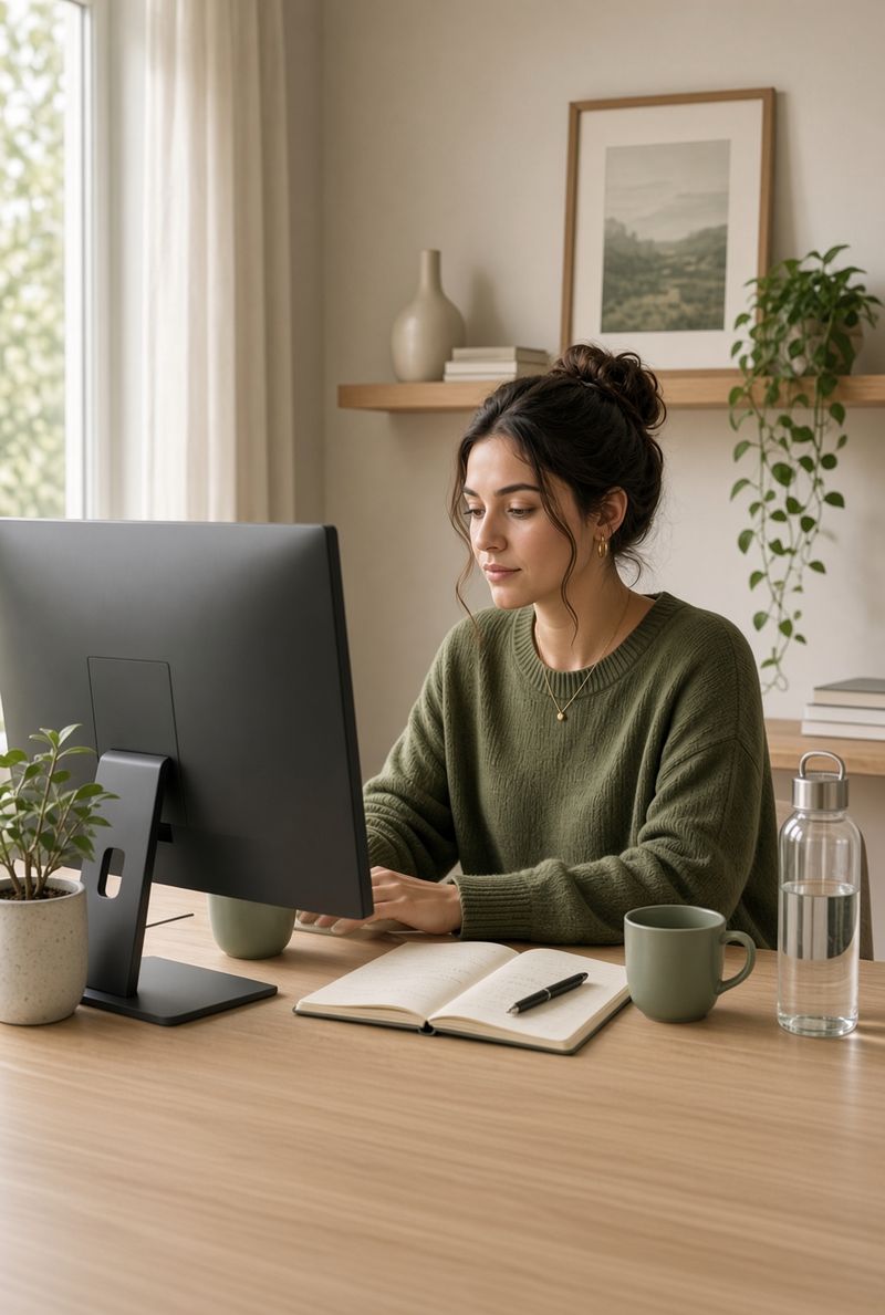 A remote worker at a clean desk, looking at a computer, no phone in view